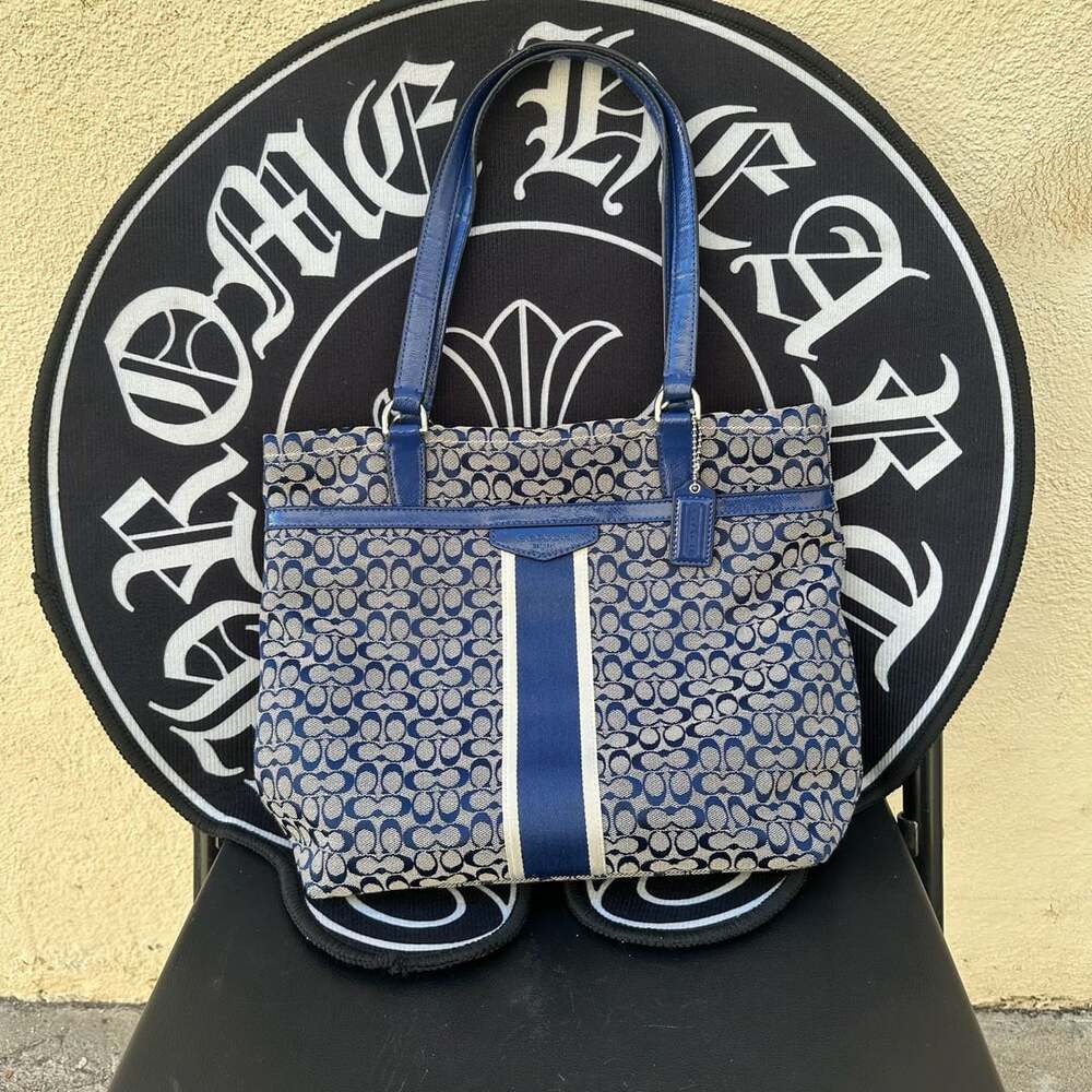 Vintage Y2K Coach Signature Stripe Blue Canvas Tote Bag
